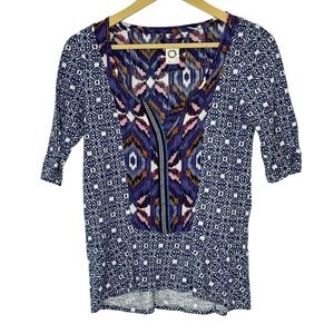 Akemi + Kin Tunic Top Womens XS Blue Purple Ikat Mixed Media Excellent Condition